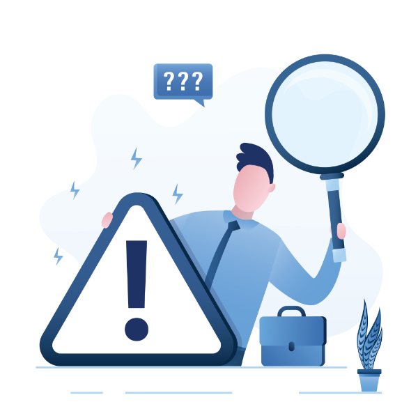 Geschäftsmann mit Warnschild, Nahaufnahme. Identifizierung von Problemen. Fehler und Risikoanalyse. Lupe zum Untersuchen. Suche nach Methoden oder Wegen zur Überwindung oder Lösung von Problemen.
